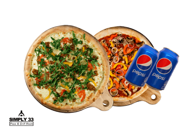 Simply 33 Offers - 2 vegan/vegetarian pizzas & 2 pepsi