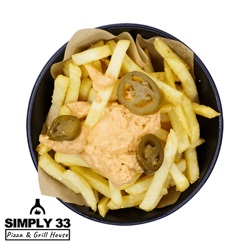 Simply 33 - French fries with cheddar cheese dip & jalapeños